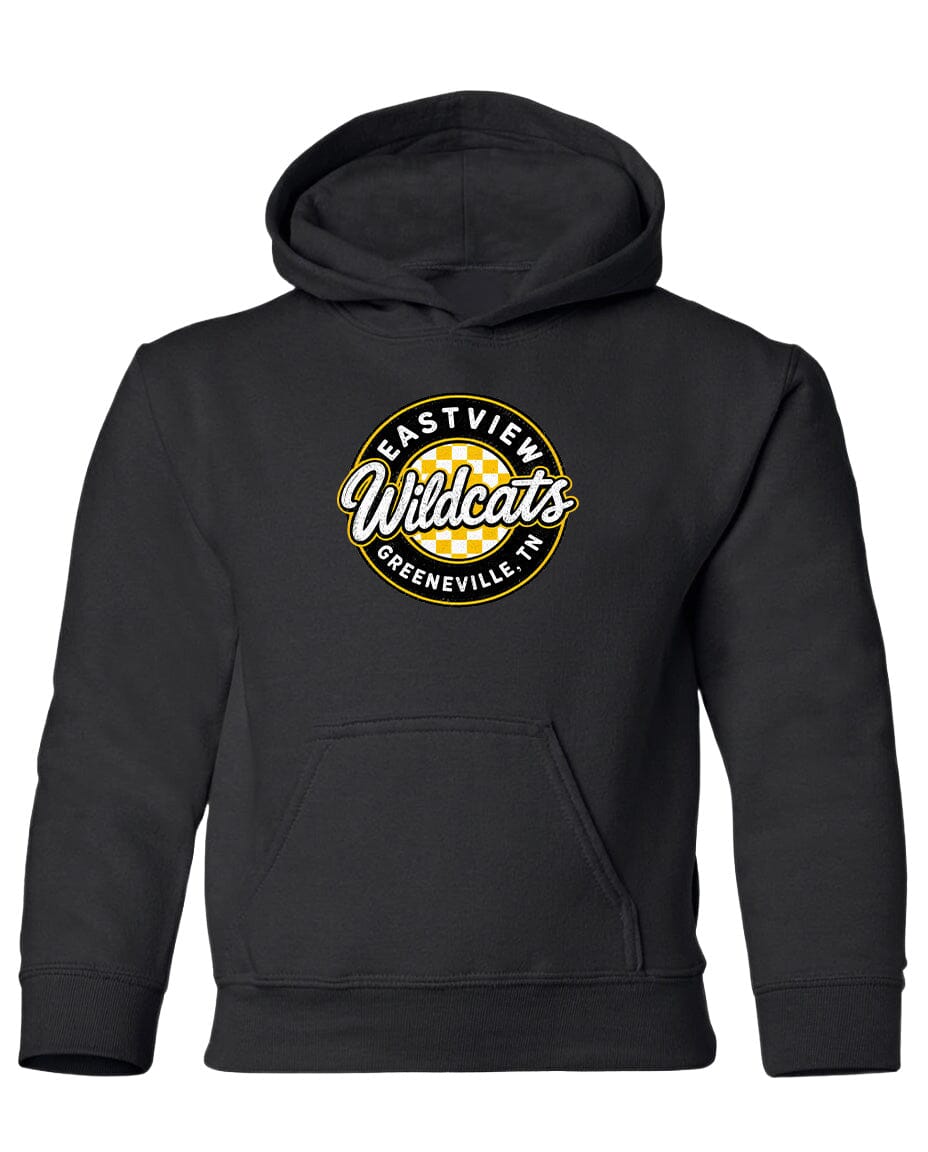 A black hooded sweatshirt with a logo on the front.