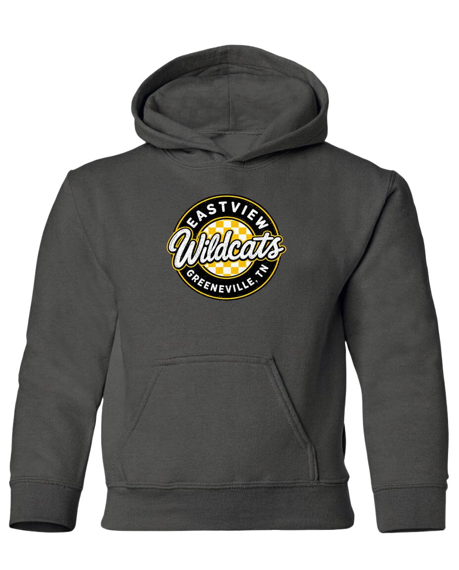 A gray hooded sweatshirt with a logo on the front.