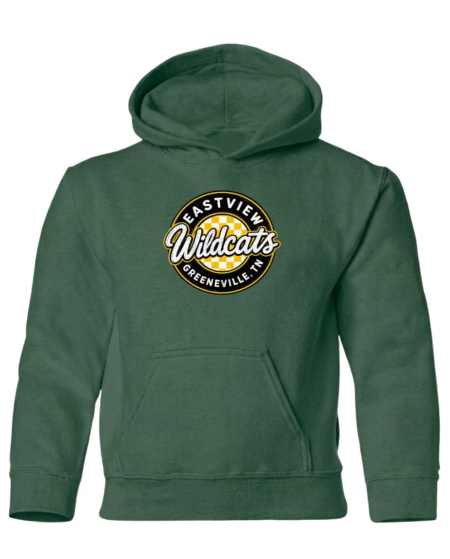 A green hoodie with a logo on the front.