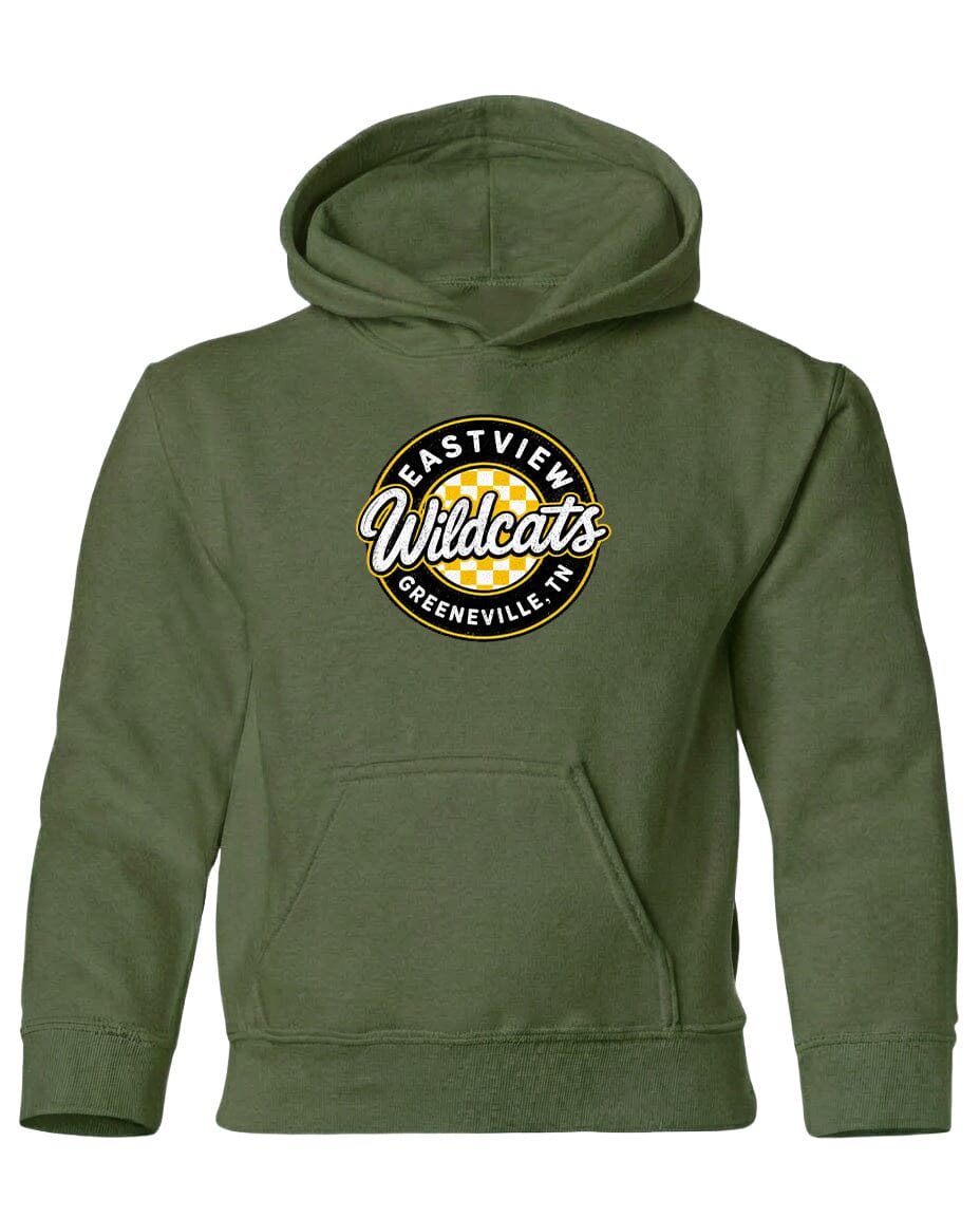 A green hoodie with a logo on the front.