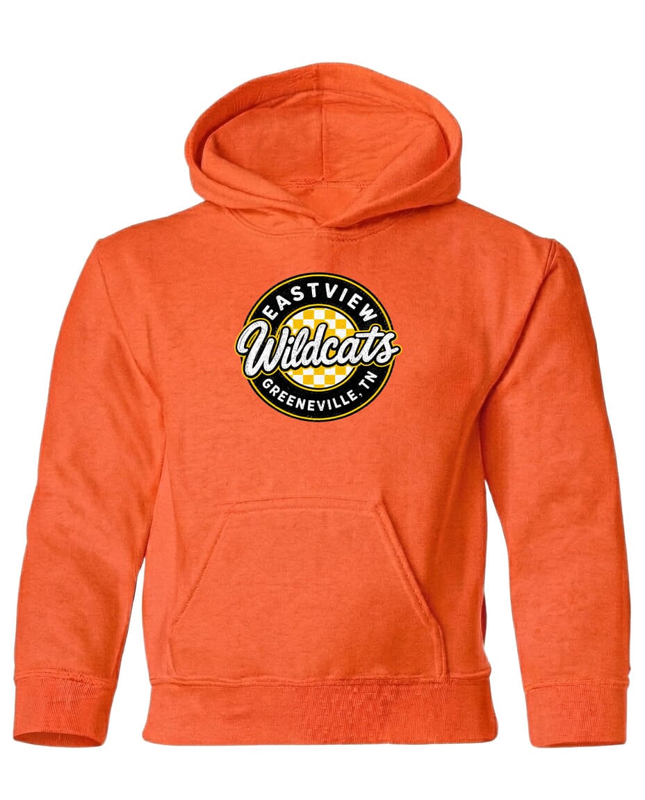 An orange hoodie with a logo on the front.