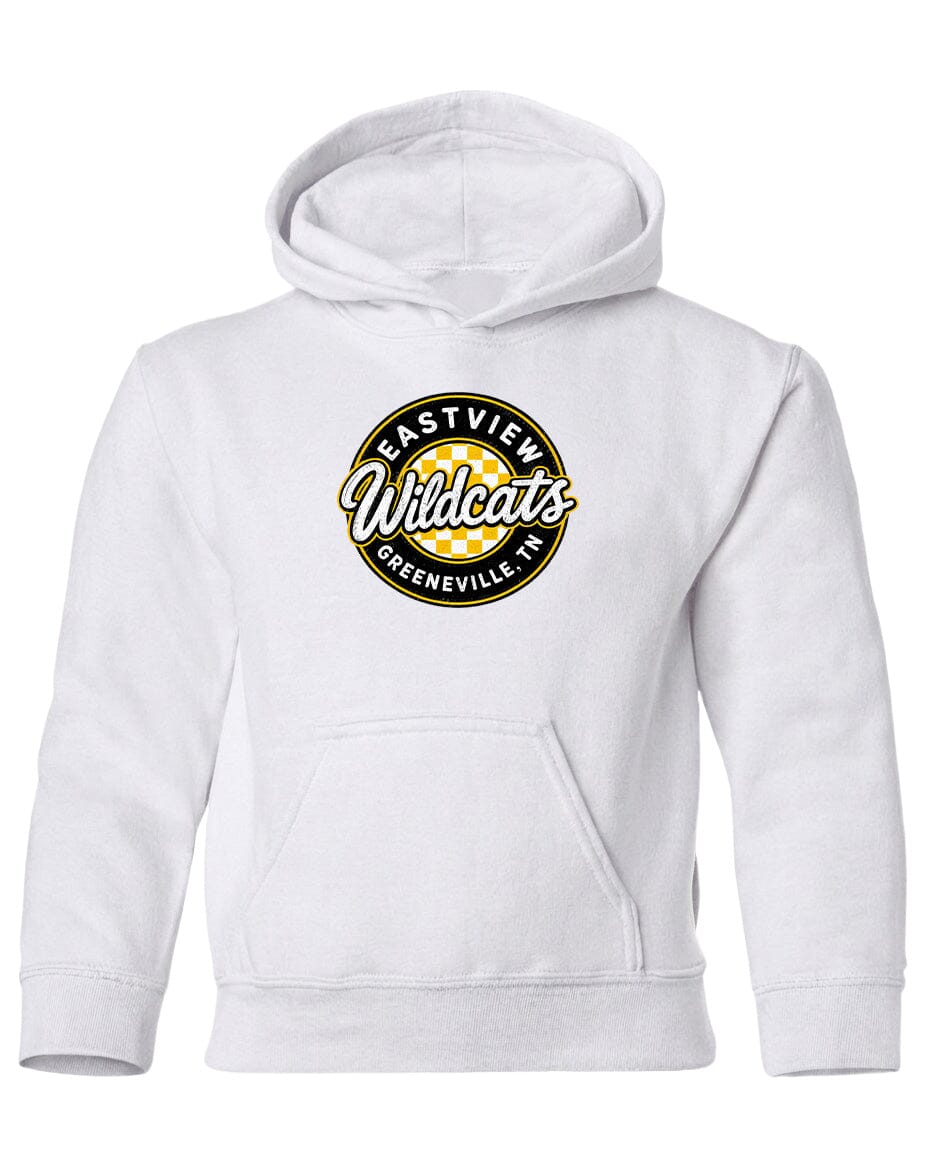 A white hoodie with a logo on the front.