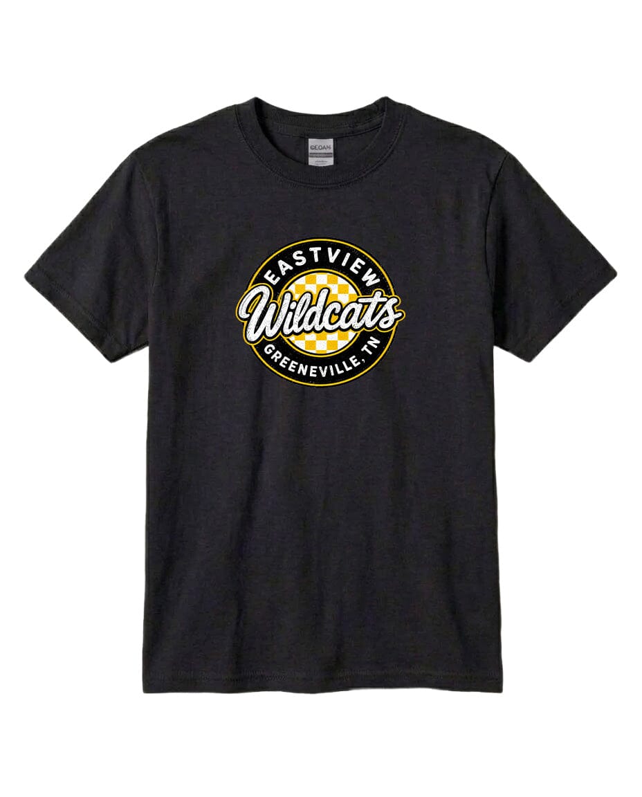 A black t-shirt with a graphic design featuring the text "EASTVIEW WILDCATS" and "GREENEVILLE, TENN."
