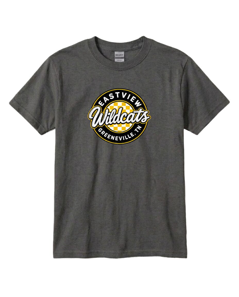 A gray t-shirt with a circular logo that says "Eastview Wildcats Greeneville, TN".