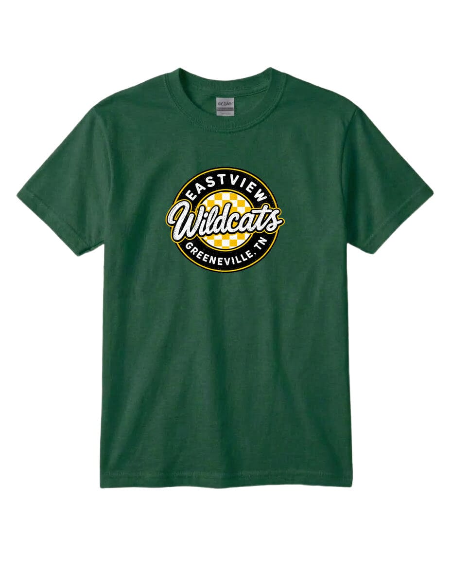 A green t-shirt with a circular logo that says "Eastview Wildcats Greeneville, TN".