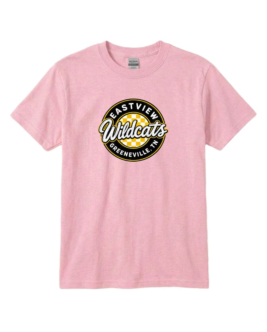 A pink t-shirt with a graphic design featuring the text "EASTVIEW Wildcats Greeneville, TN" in a circular pattern.