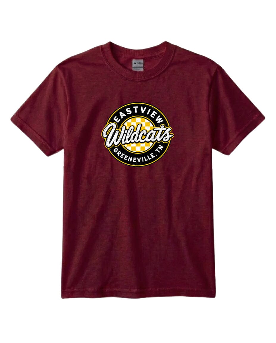A burgundy-colored t-shirt with a circular logo that says "Eastview Wildcats Greeneville, TN".