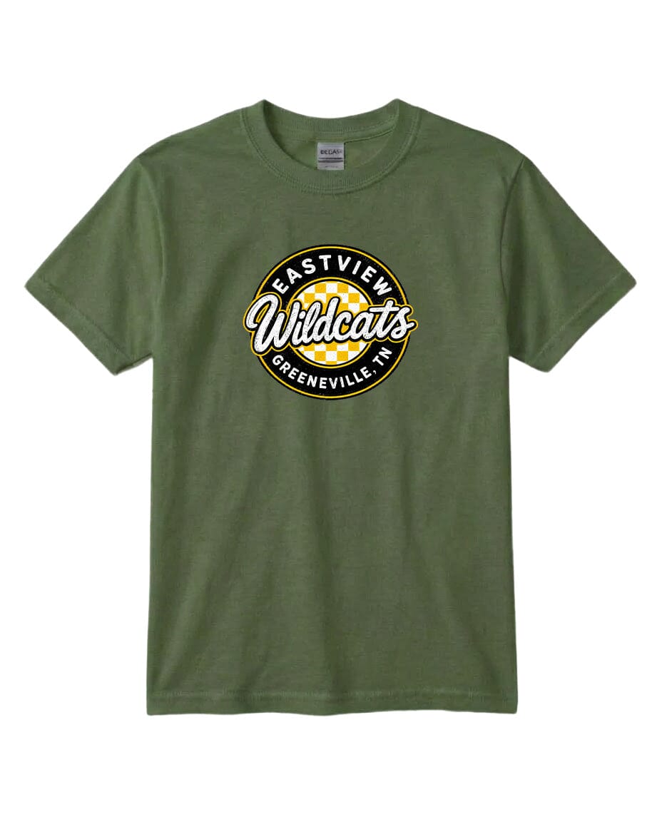 A green t-shirt with a circular logo that says "Eastview Wildcats Greeneville, TN".
