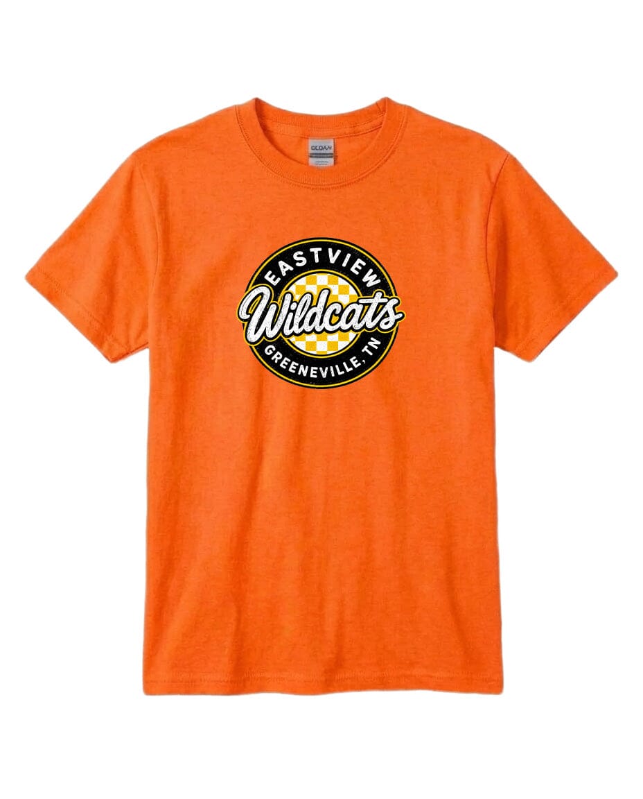 An orange t-shirt with a graphic design featuring the text "EASTVIEW WILDCATS" and "GREENVILLE, TENN."