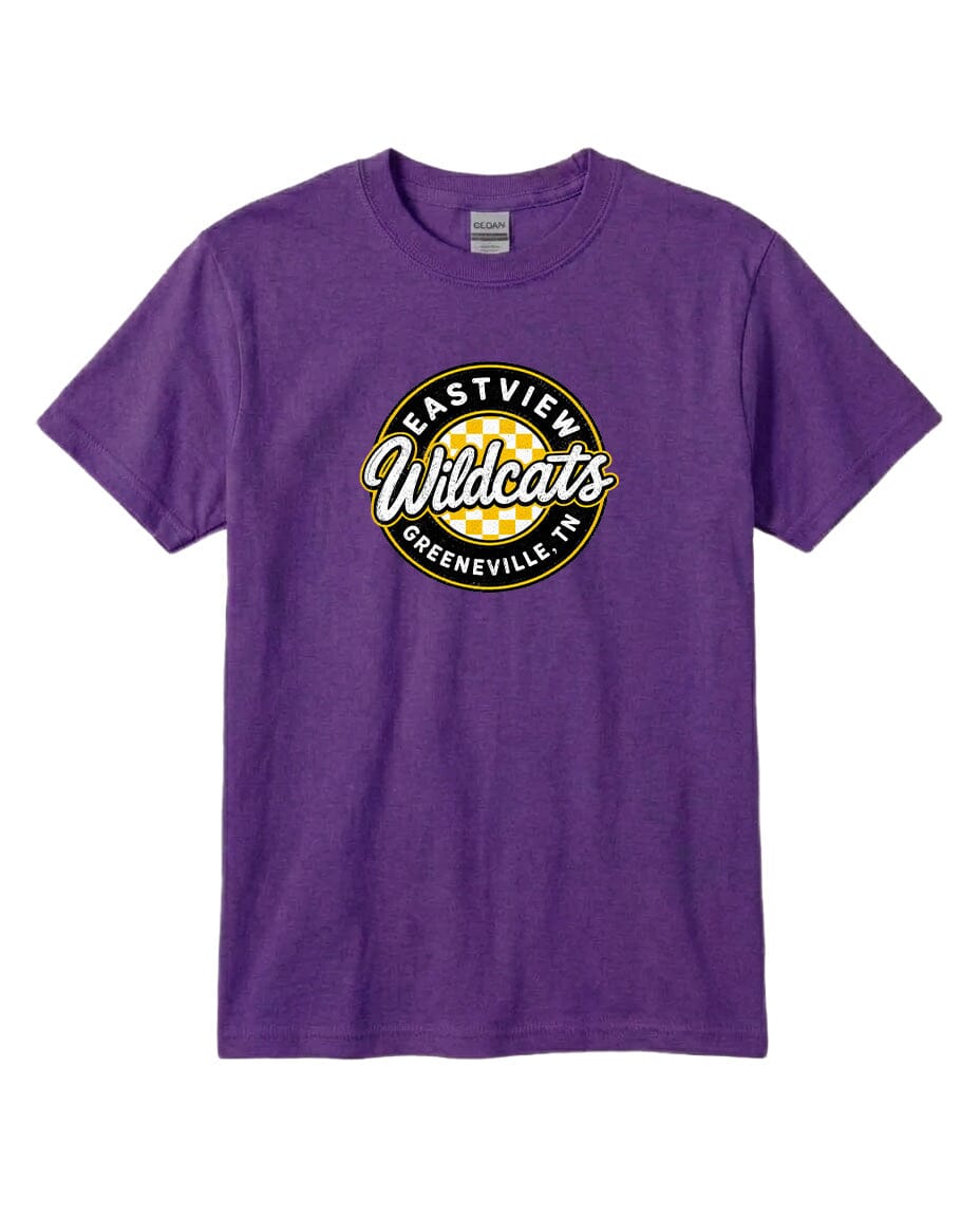 A purple t-shirt with a graphic design featuring the text "EASTVIEW WILDCATS GREENEVILLE, TENN."