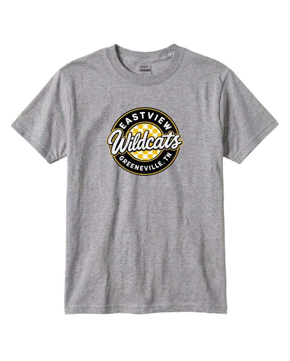 A gray t-shirt with a circular logo that says "Eastview Wildcats" and "Greeneville, TN".