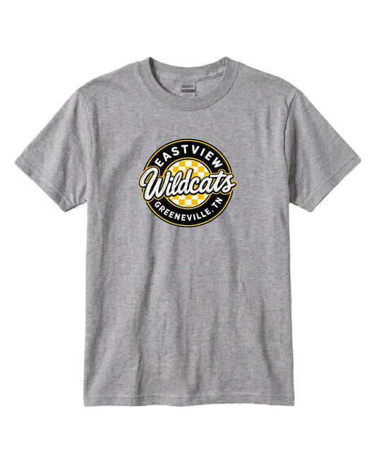 A gray t-shirt with a circular logo that says "Eastview Wildcats" and "Greeneville, TN".