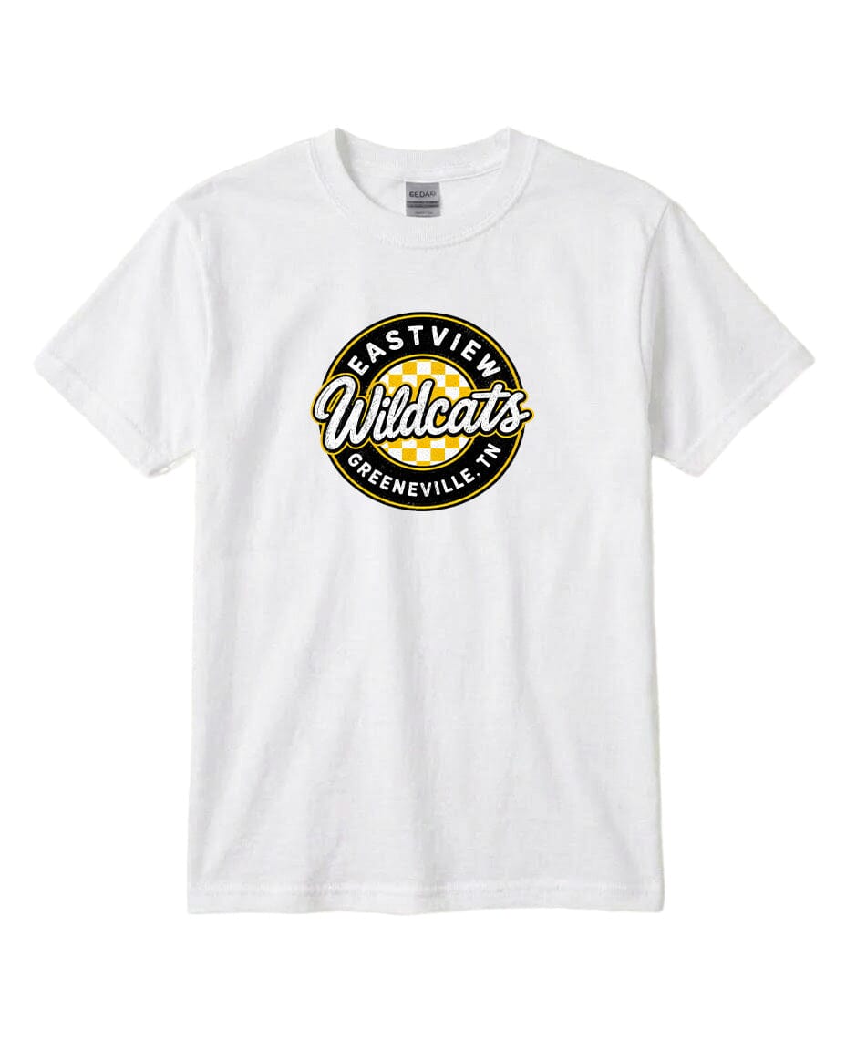 A white t-shirt with a circular logo that says "EASTVIEW WILDCATS GREENENVILLE, TENN."
