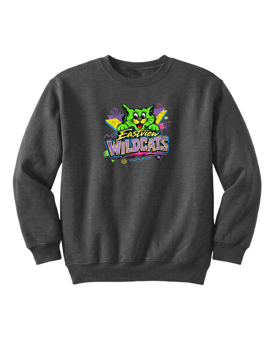 A gray sweatshirt with a colorful graphic design featuring a cartoon cat and the text "Easton Wildcats".