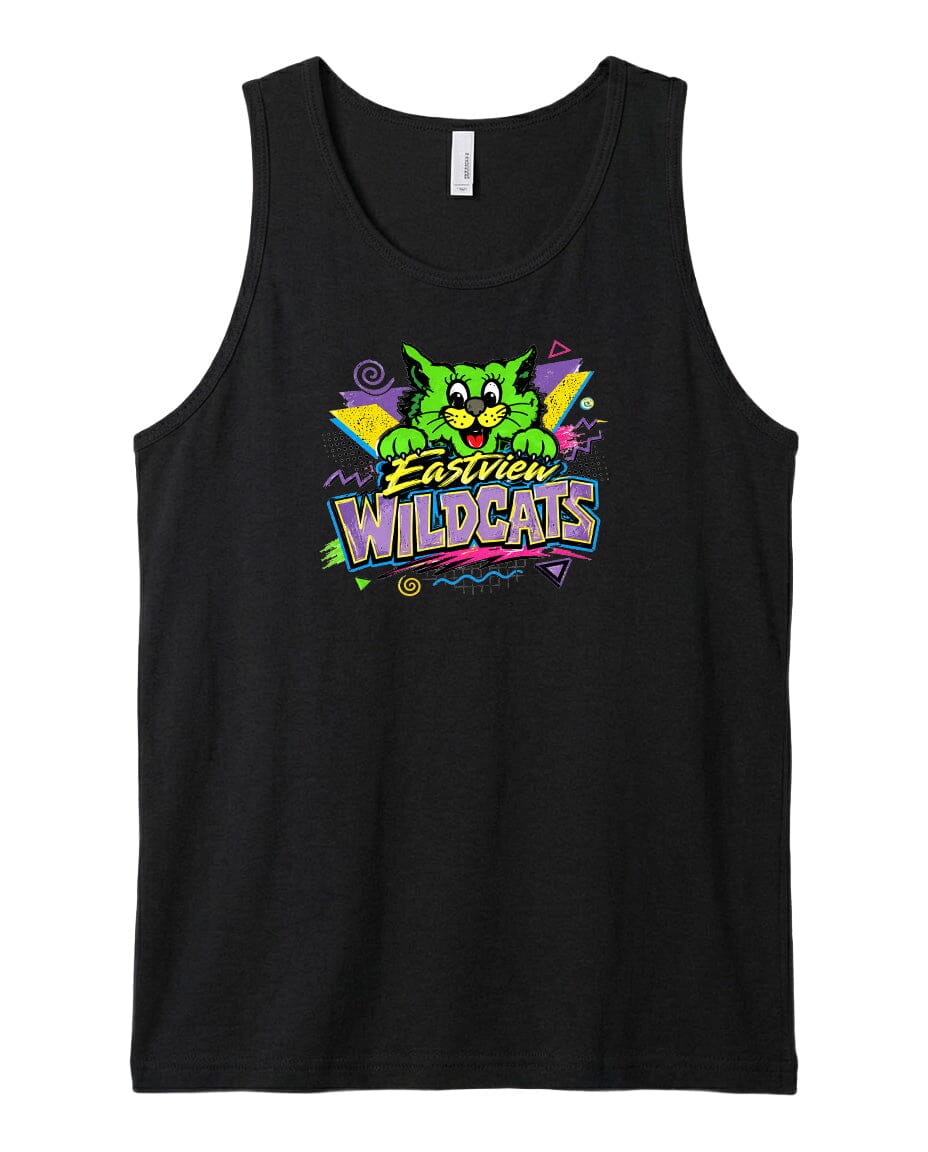 A black tank top with a colorful graphic design featuring a cartoon cat and the text "Wildcats" printed on it.