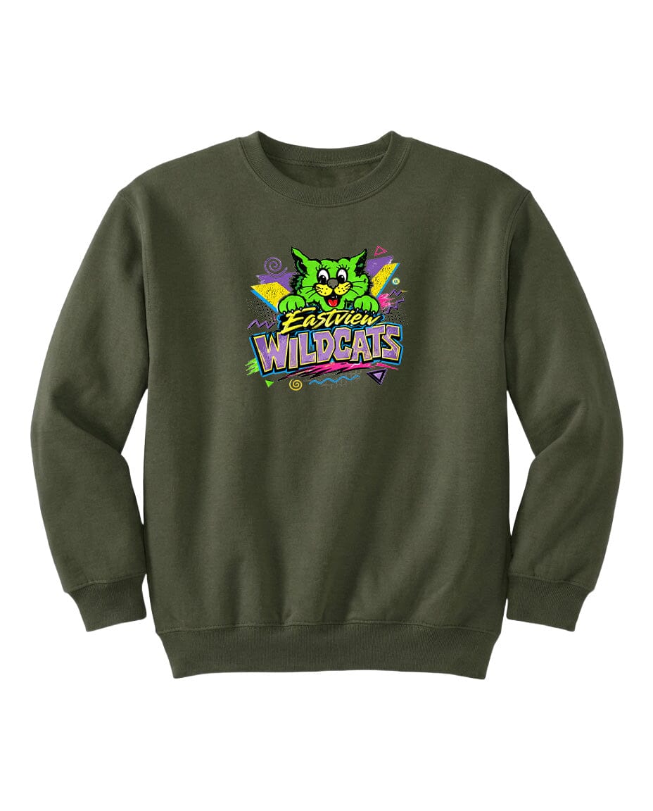 A dark green sweatshirt with a colorful graphic design featuring a cartoon cat and the text "Easton Wildcats".