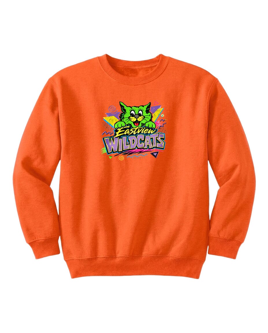 An orange sweatshirt with a colorful graphic of a cartoon cat and the text "Eastview Wildcats" printed on it.