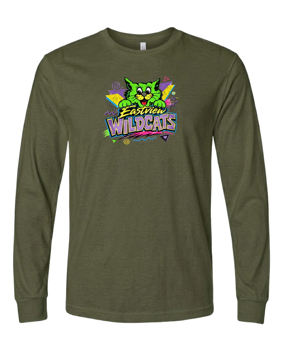 A long-sleeved olive green t-shirt with a colorful graphic design featuring a cartoon cat and the text "Easter Wildcats".