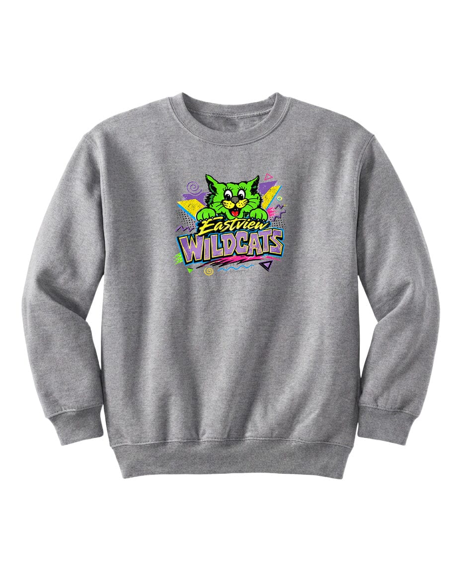 A gray sweatshirt with a colorful graphic design featuring a cartoon cat and the text "Eastview Wildcats".