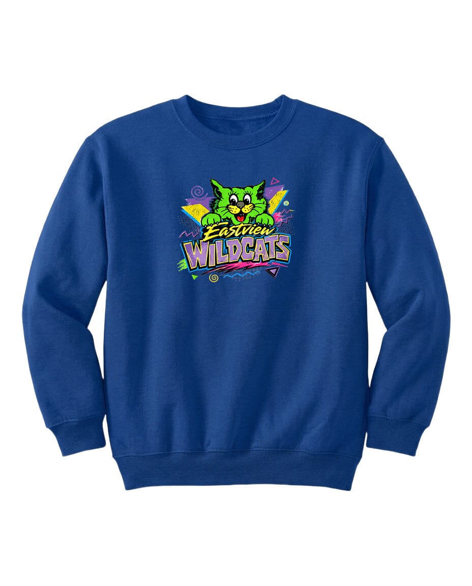 A blue sweatshirt with a colorful graphic of a cartoon cat and the text "EAST VIRGIN WILDCATS" printed on it.