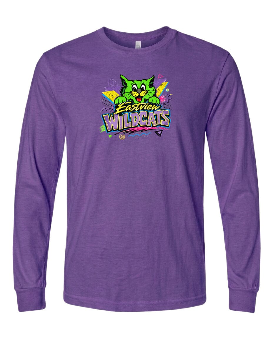 A purple long-sleeved t-shirt with a colorful graphic design featuring a cartoon cat and the text "Easter Wildcats".
