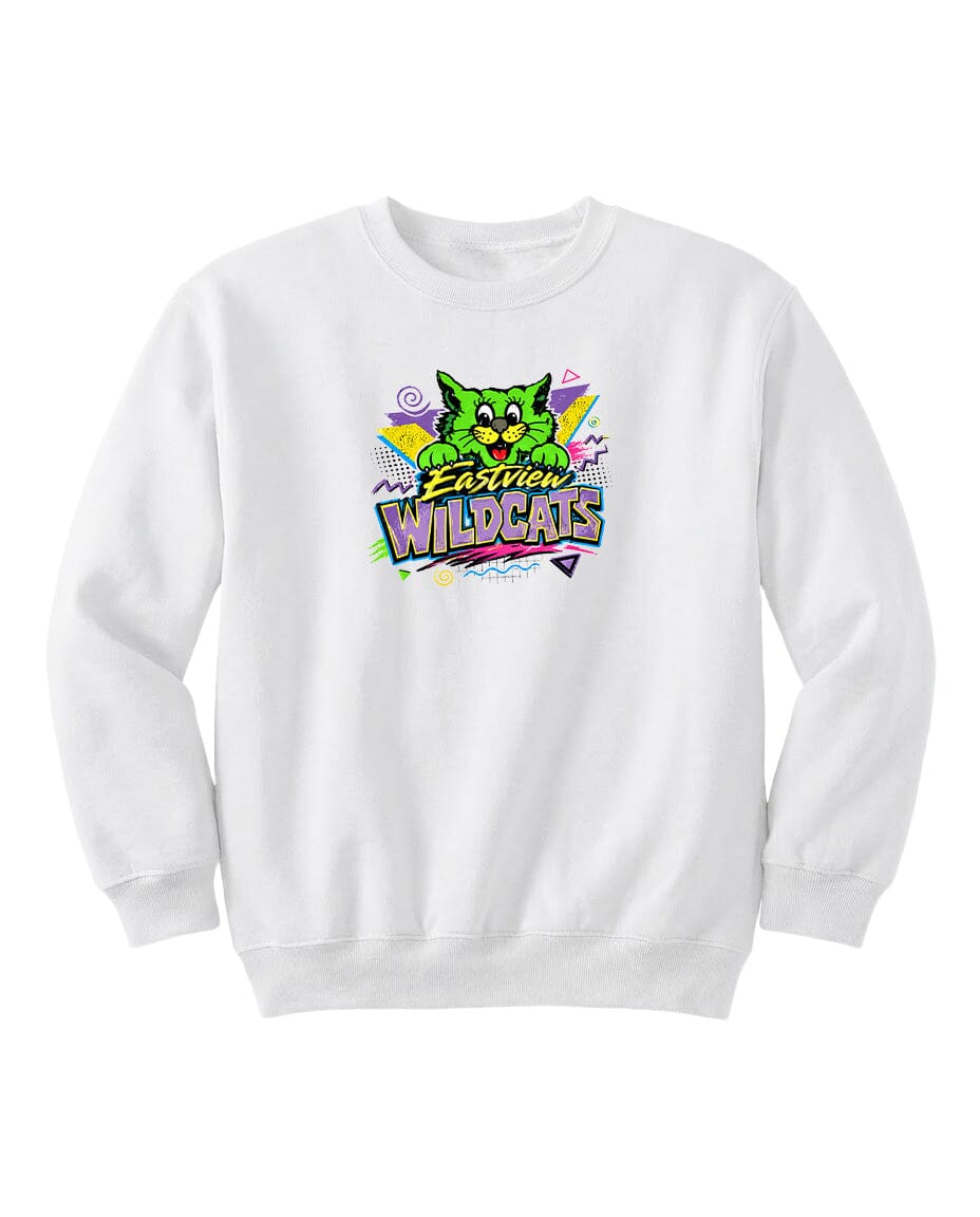 A white sweatshirt with a colorful graphic design featuring a cartoon cat and the text "Eastview Wildcats".