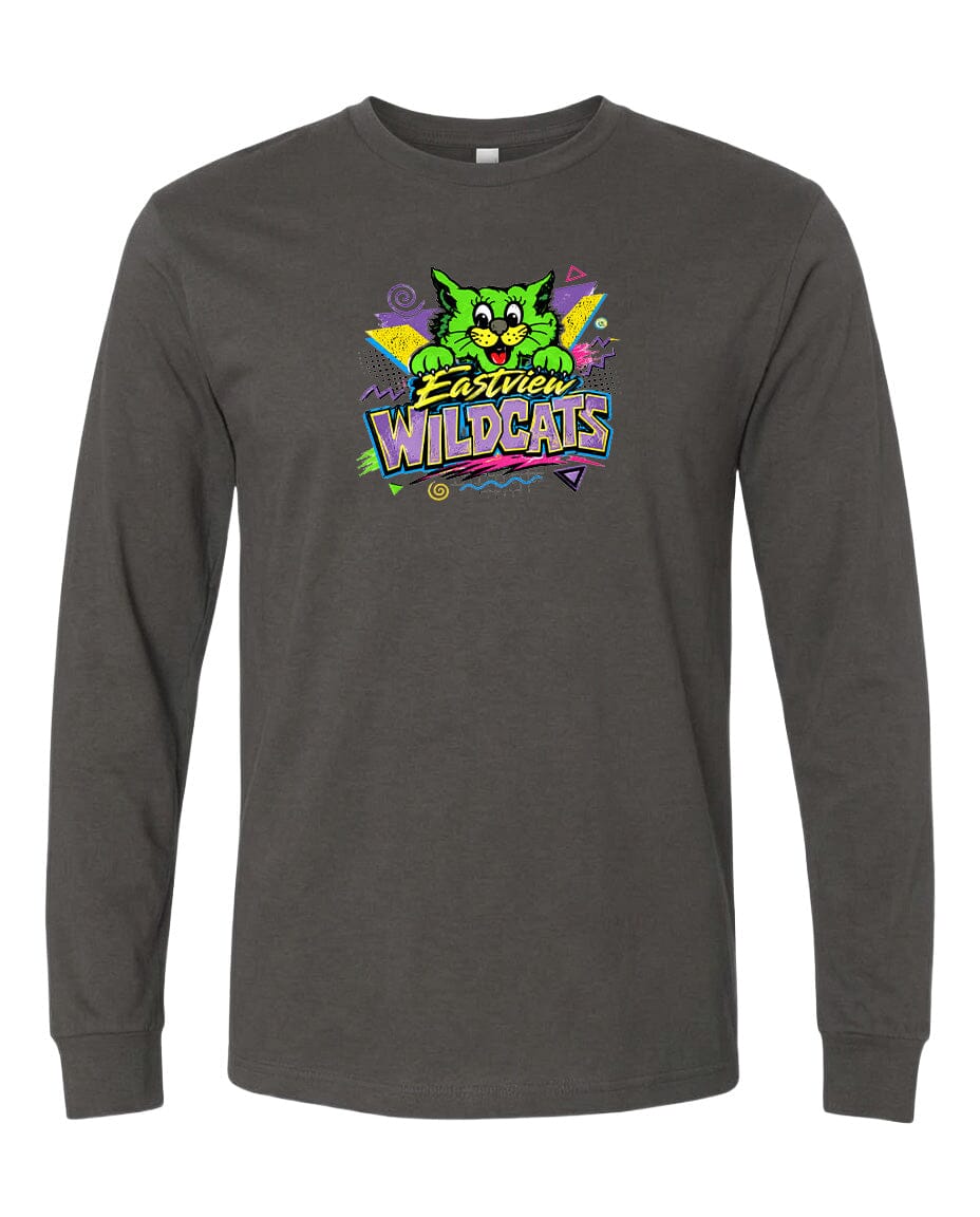 A long-sleeved gray t-shirt with a colorful graphic design featuring a cartoon cat and the text "Easter Wildcats".