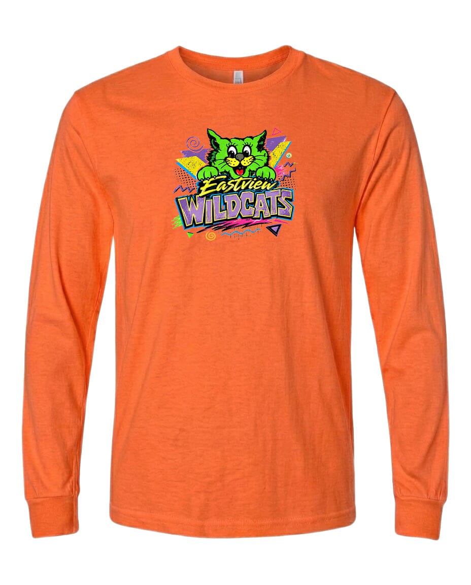 An orange long-sleeved t-shirt with a colorful graphic design featuring a cartoon cat and the text "Easter Wildcats".