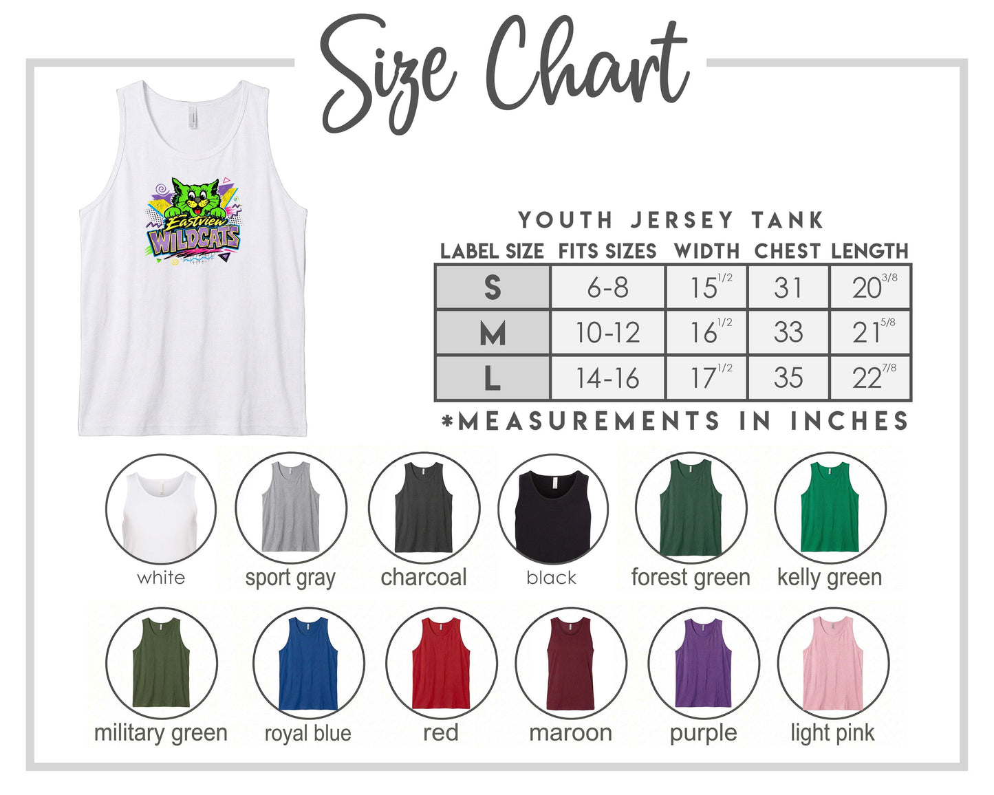 The image is a size chart for a youth jersey tank, displaying various color options and corresponding measurements in inches.