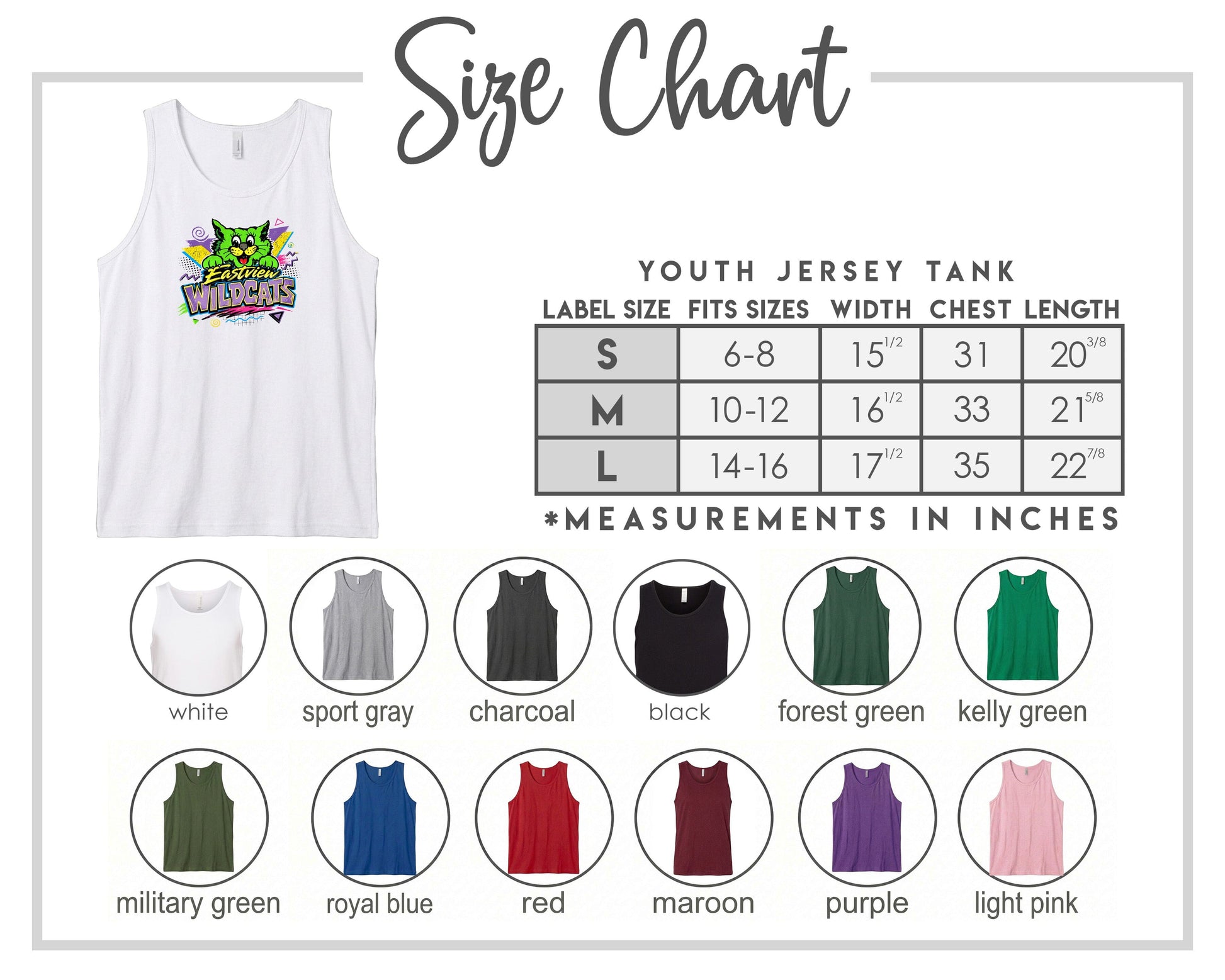 The image is a size chart for a youth jersey tank, displaying various color options and corresponding measurements in inches.