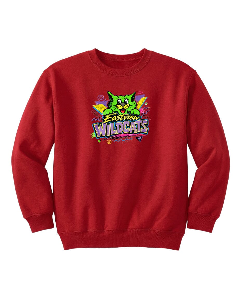 A red sweatshirt with a colorful graphic of a cartoon cat and the text "Easton Wildcats" printed on it.