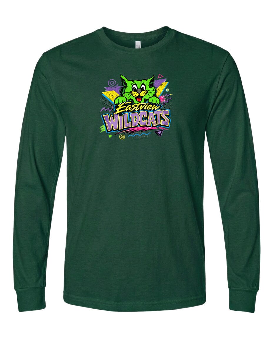 A long-sleeved green t-shirt with a colorful graphic design featuring a cartoon cat and the text "Easter Wildcats".