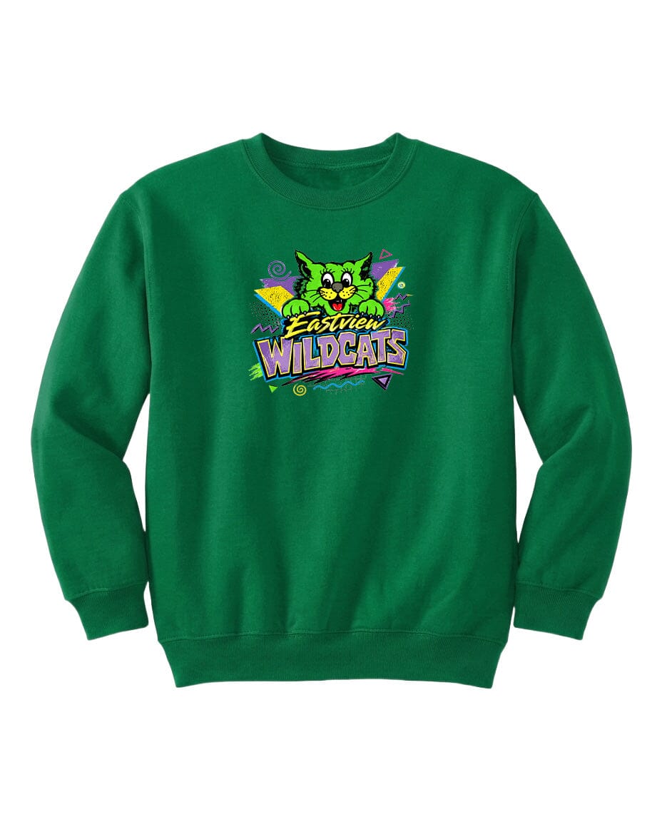 A green sweatshirt with a colorful graphic of a cartoon cat and the text "Easton Wildcats" printed on it.