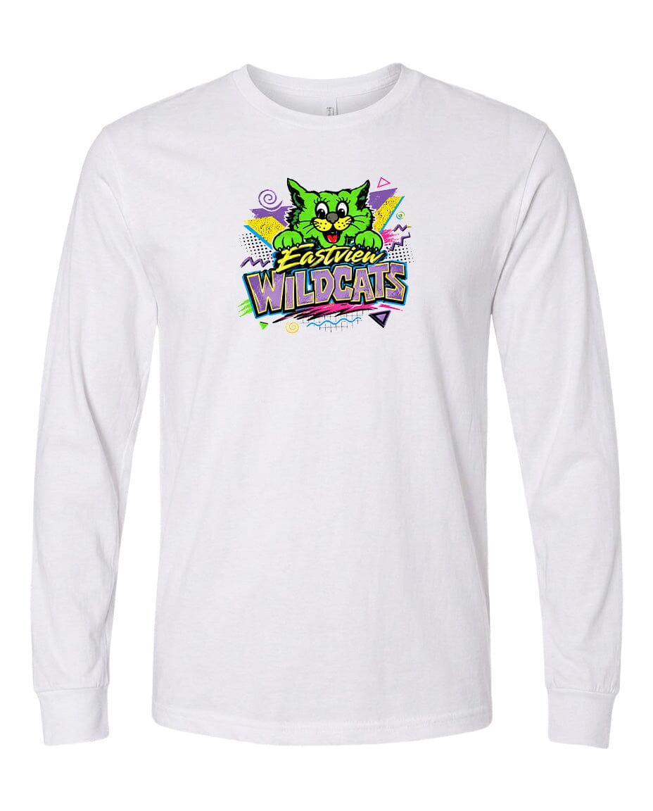 A white long-sleeved t-shirt with a colorful graphic design featuring a cartoon cat and the text "Easter Wildcats".