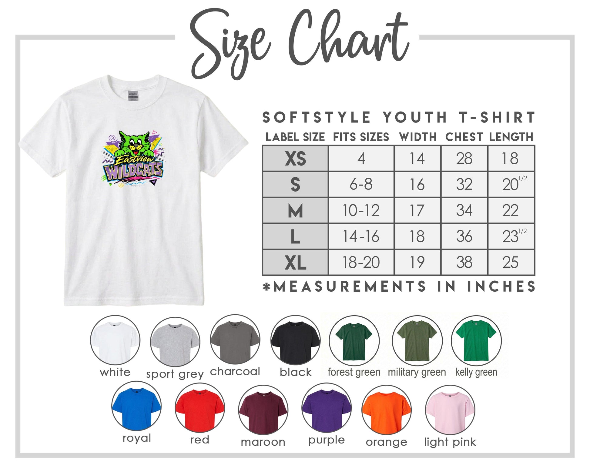 The image is a size chart for a softstyle youth t-shirt, providing measurements for different sizes and corresponding t-shirt colors.