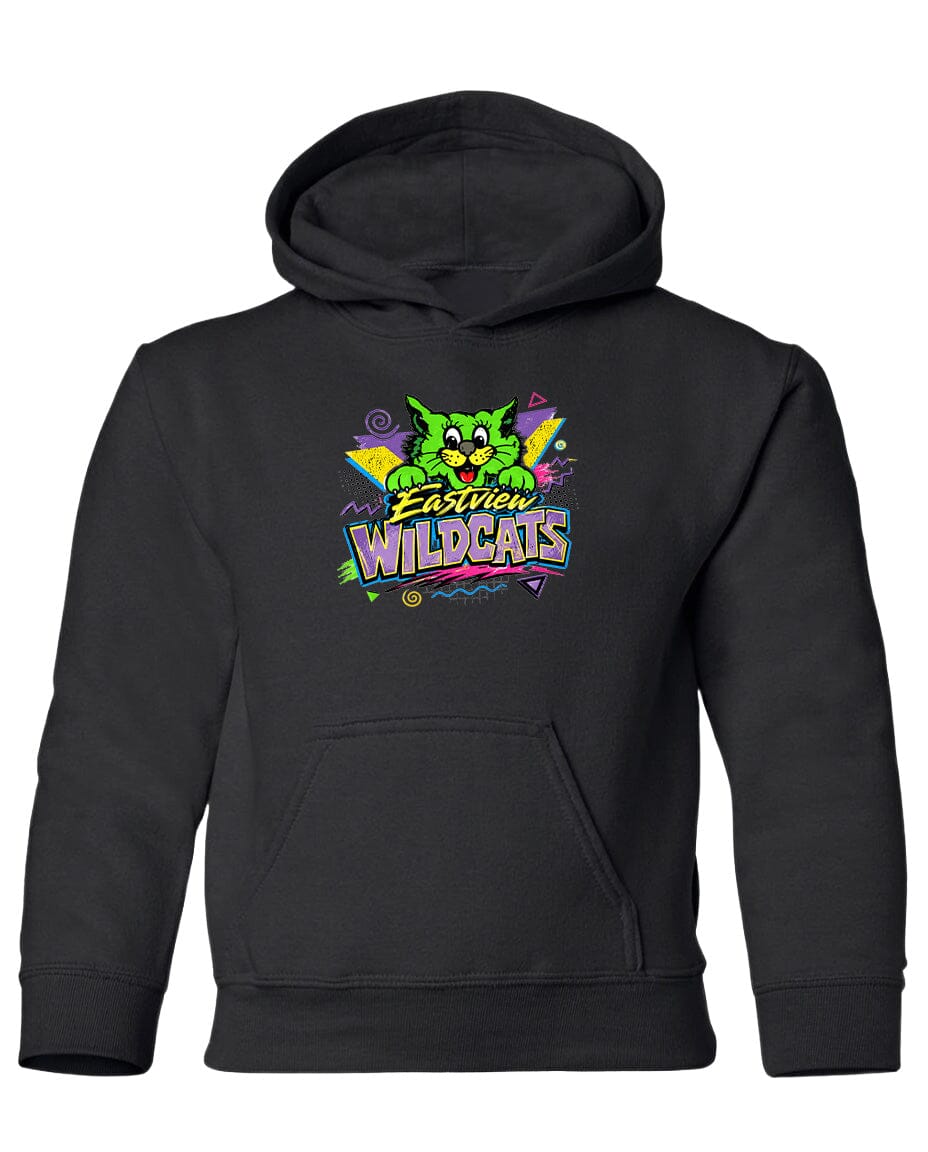 A black hoodie with a colorful graphic design featuring a cartoon cat and the text "Eastview Wildcats".