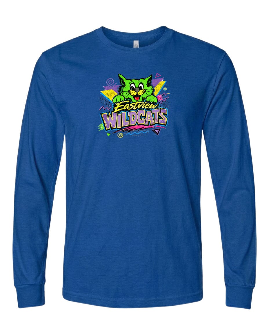 A blue long-sleeved t-shirt with a colorful graphic design featuring a cartoon cat and the text "Easter Wildcats".