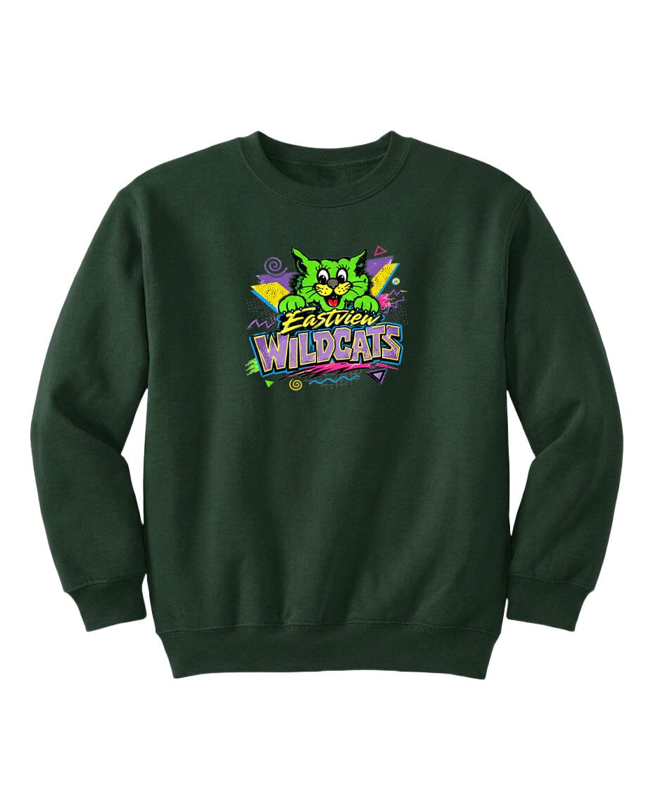 A dark green sweatshirt with a colorful graphic design featuring a cartoon cat and the text "Easton Wildcats".