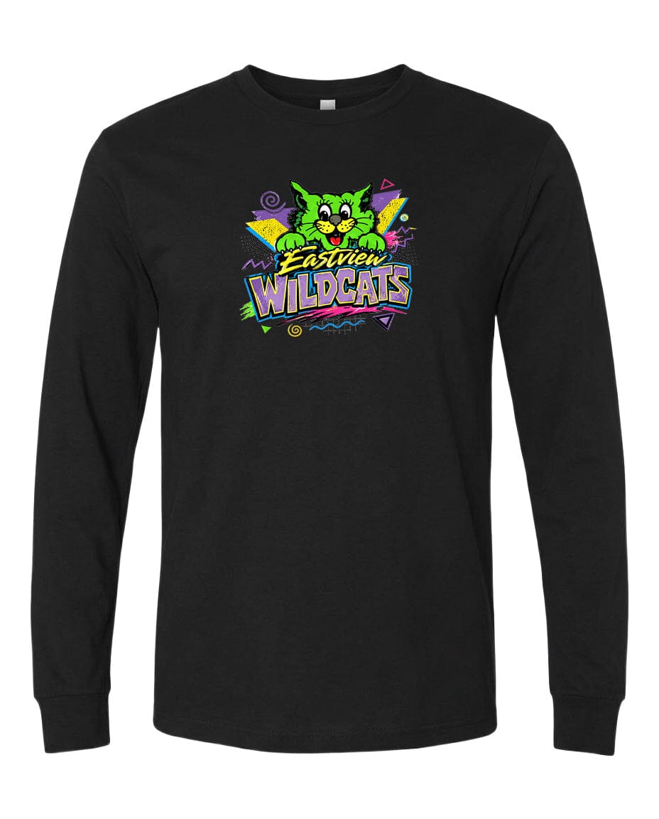A black long-sleeved t-shirt with a colorful graphic design featuring a cartoon cat and the text "Easter Wildcats".