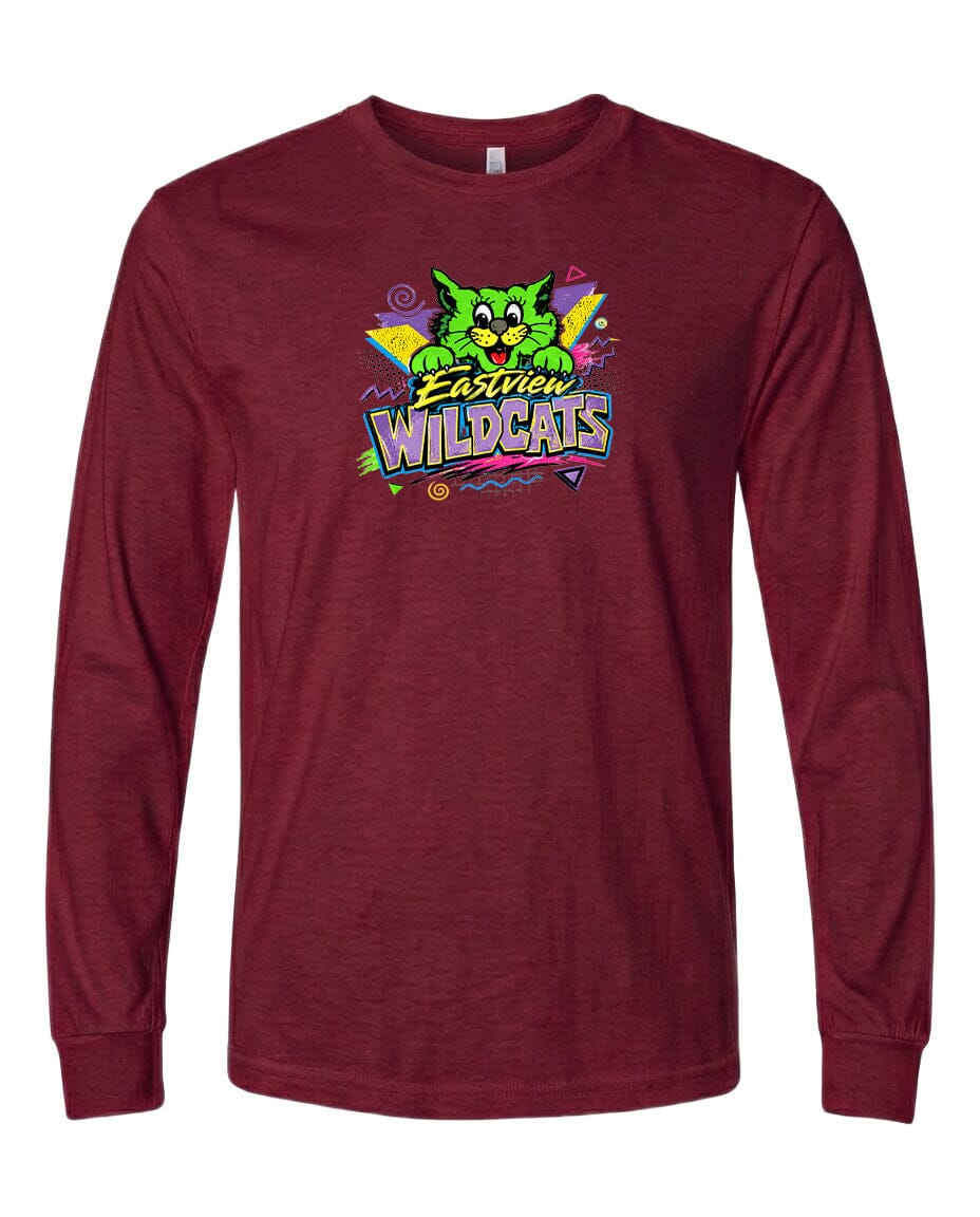 A burgundy long-sleeved t-shirt with a colorful graphic design featuring a cartoon cat and the text "Easter Wildcats".