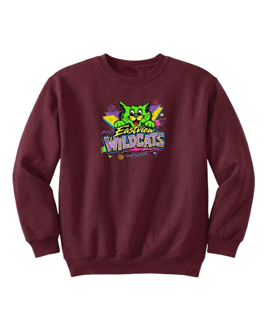 A burgundy sweatshirt with a colorful graphic design featuring a cartoon cat and the text "Easton Wildcats".