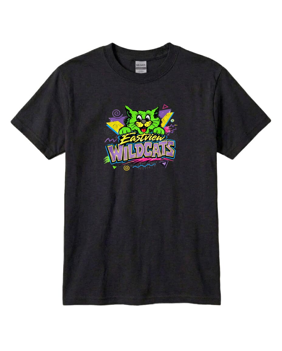 A black t-shirt with a colorful graphic design featuring a cartoon-like cat and the text "Easton Wildcats".