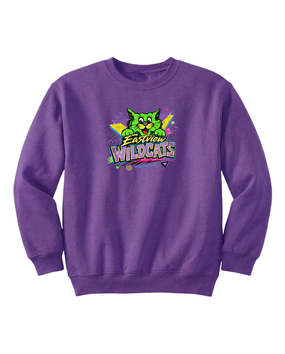 A purple sweatshirt with a graphic design featuring a cartoon owl and the text "EAST VIRGIN WILDCATS".