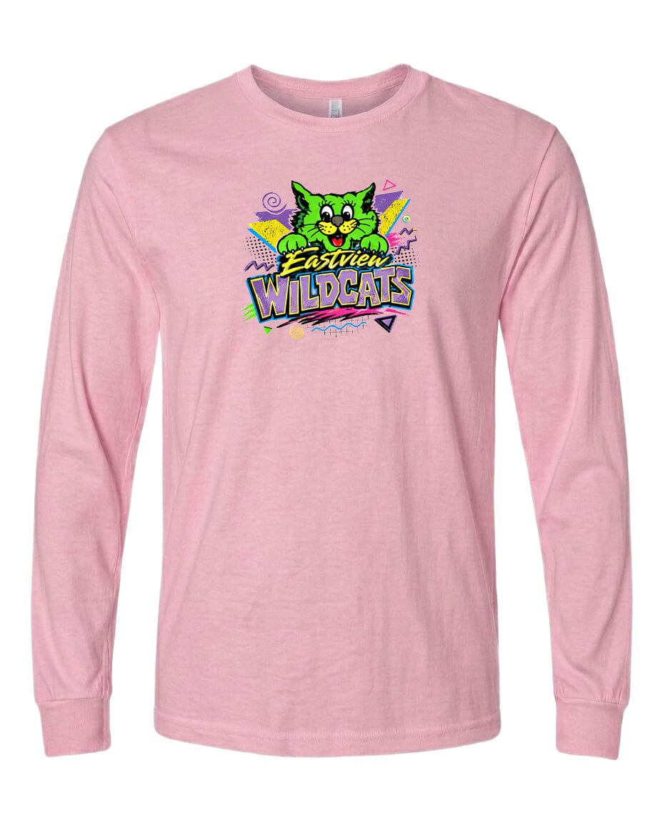 A pink long-sleeved t-shirt with a colorful graphic design featuring a cartoon cat and the text "Easter Wildcats".