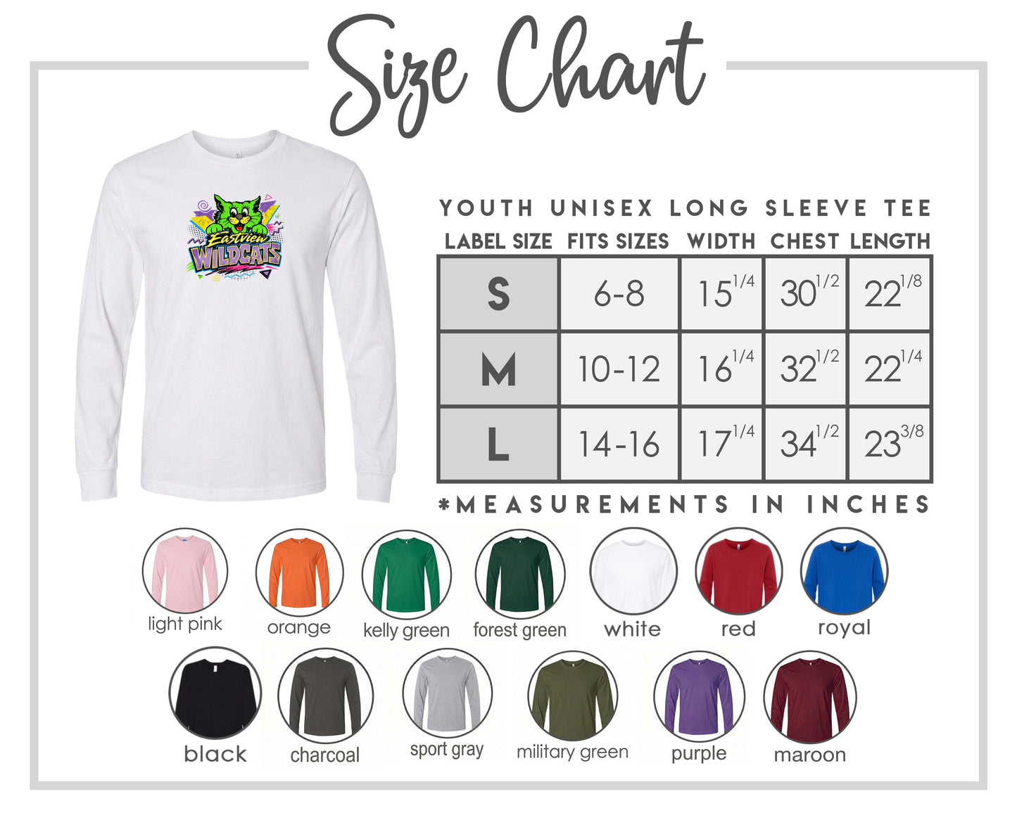 The image is a size chart for a youth unisex long sleeve tee, including various color options and corresponding measurements.