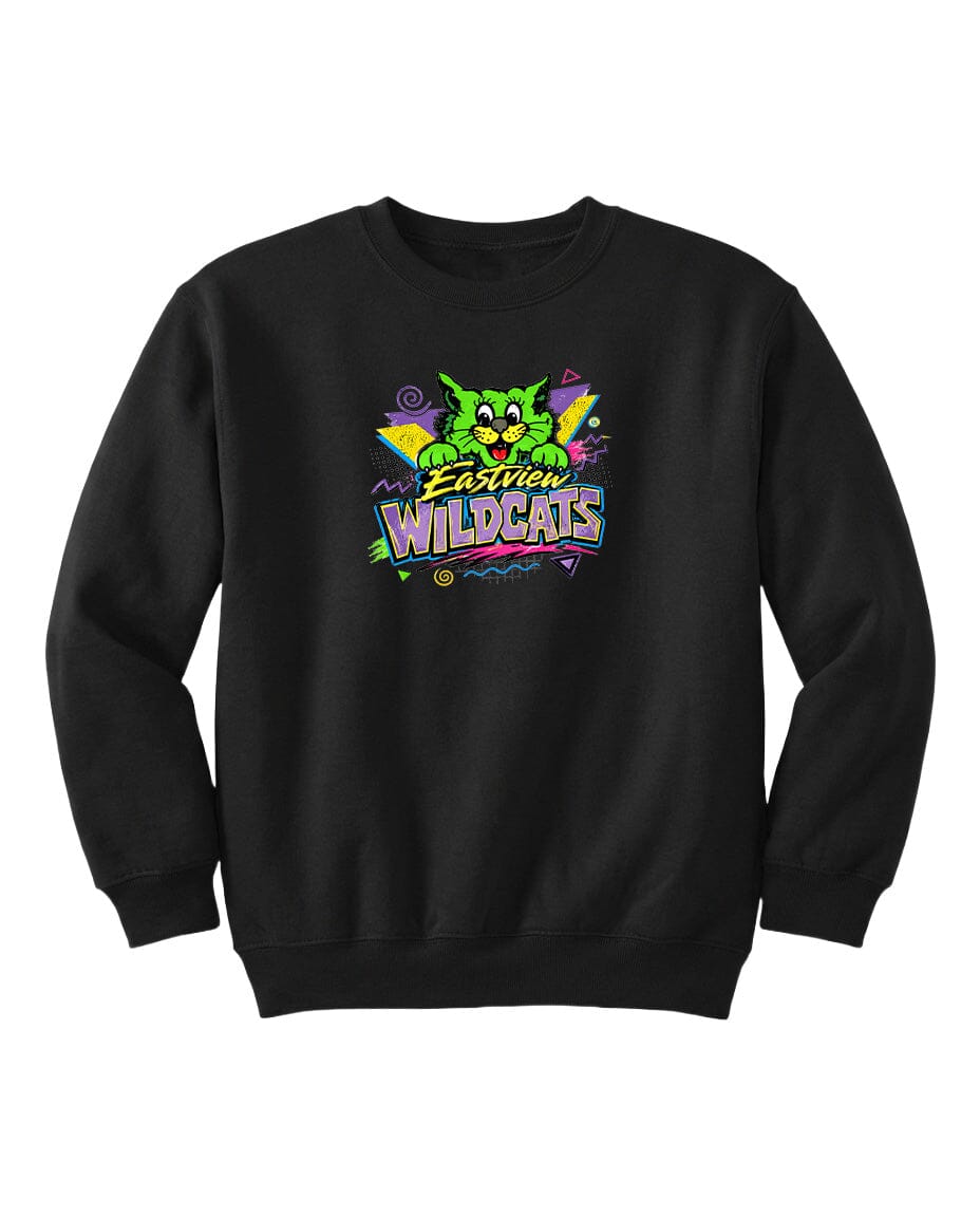 A black sweatshirt with a colorful graphic design featuring a cartoon-like cat and the text "Easton Wildcats" in a vibrant, neon-like style.