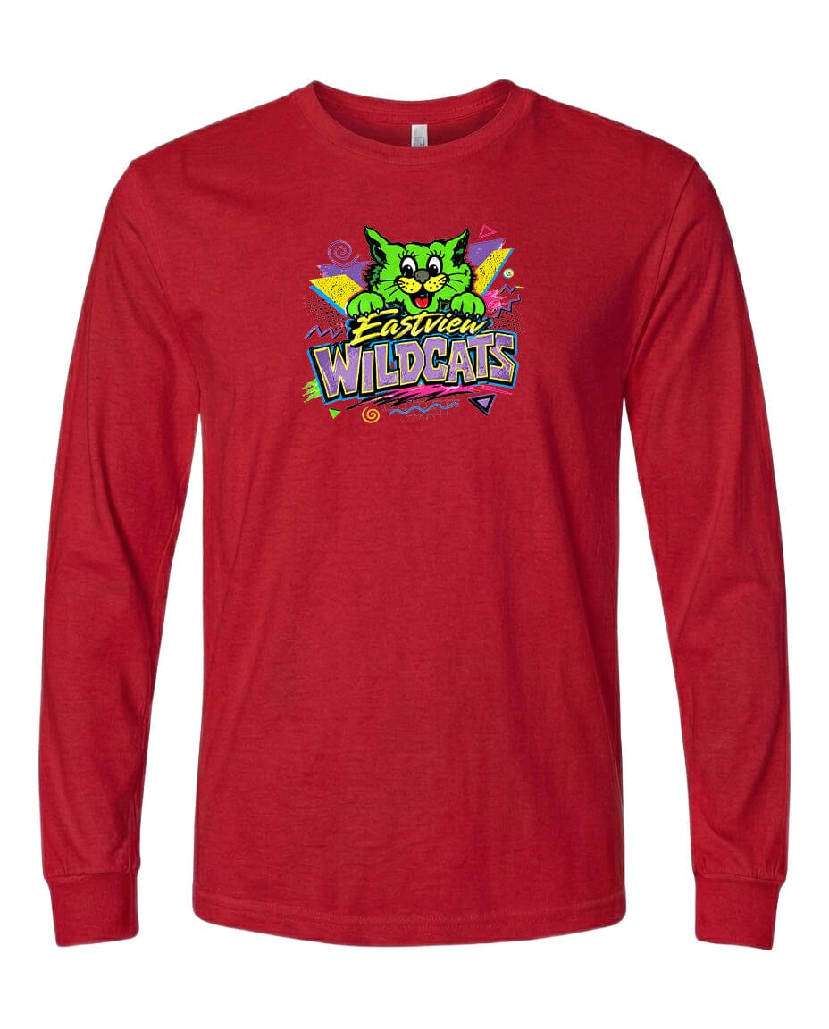 A red long-sleeved t-shirt with a colorful graphic design featuring a cartoon cat and the text "Easter Wildcats".