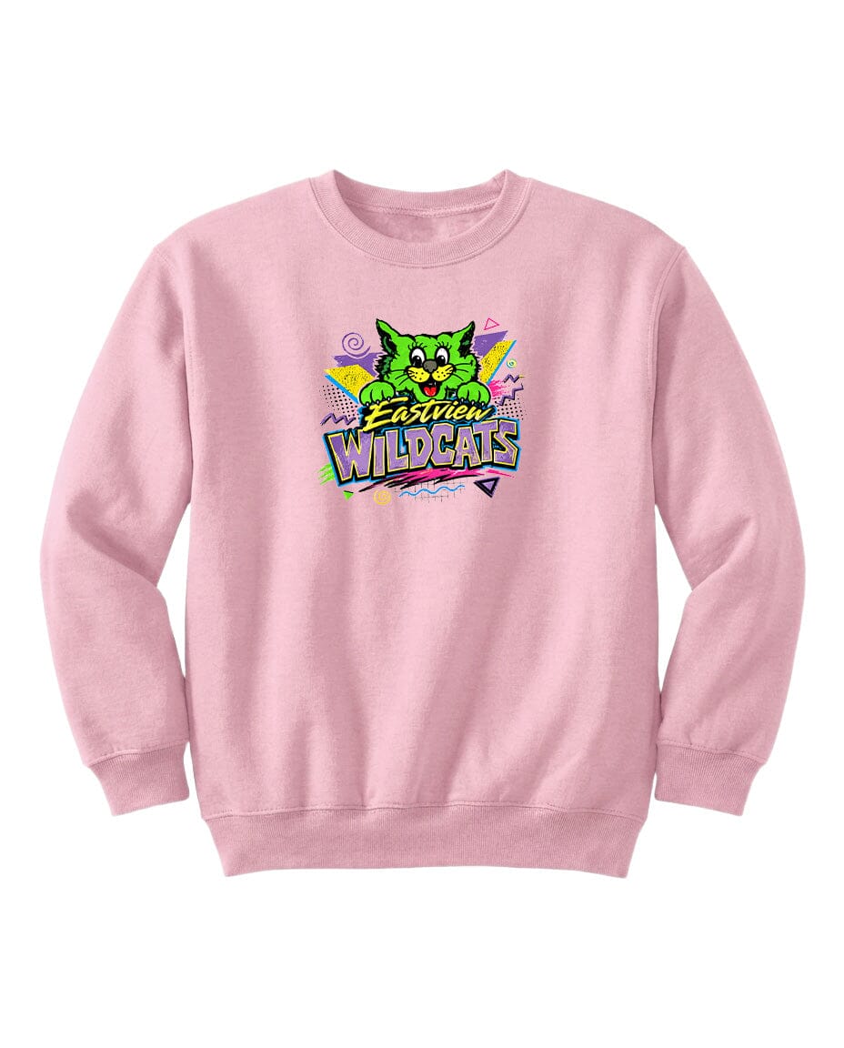 A pink sweatshirt with a graphic design featuring a cartoon cat and the text "Eastview Wildcats".