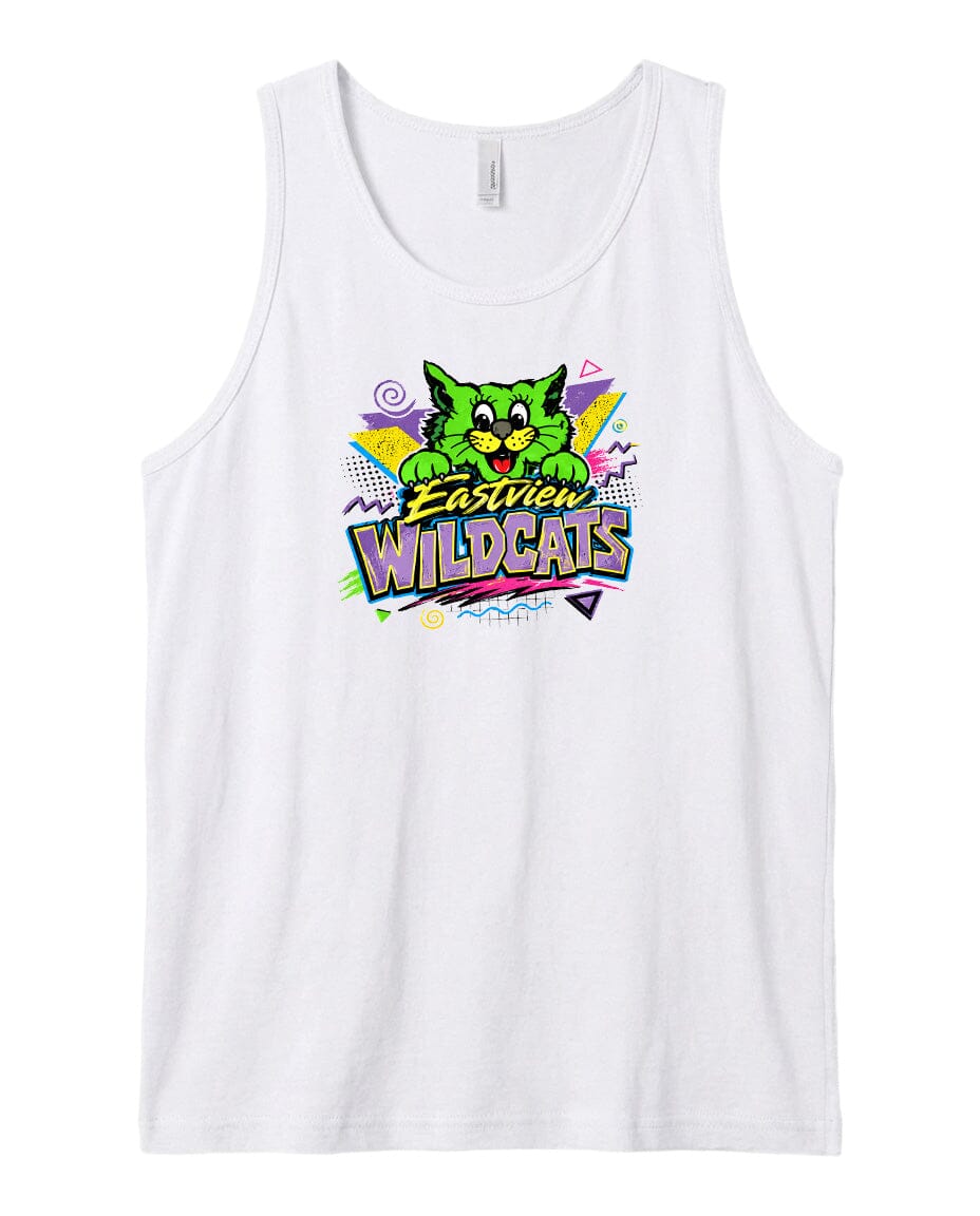 A white tank top with a colorful graphic design featuring a cartoon cat and the text "Easiest Wildcats" printed on it.