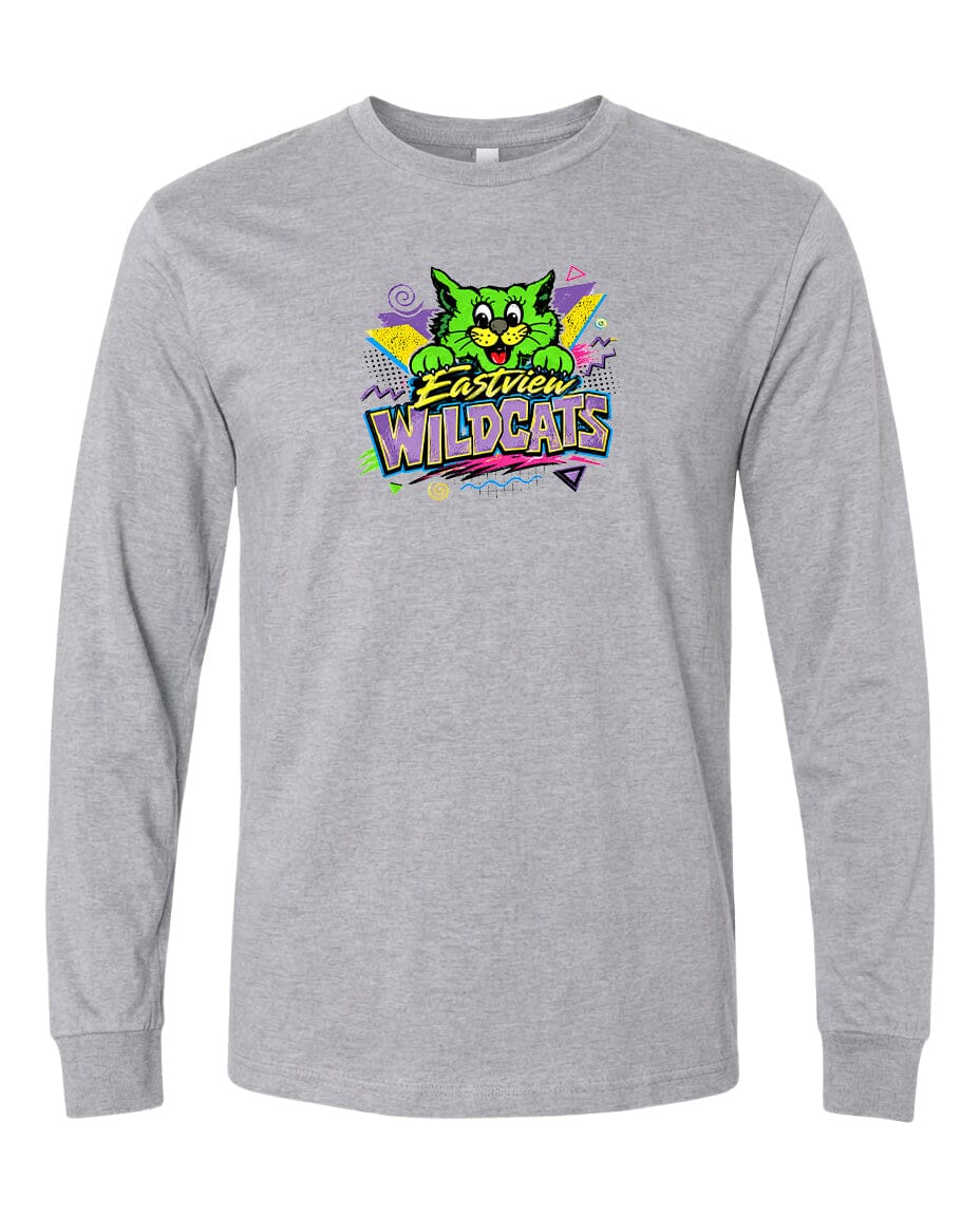 A gray long-sleeved t-shirt with a colorful graphic design featuring a cartoon cat and the text "Easter Wildcats".